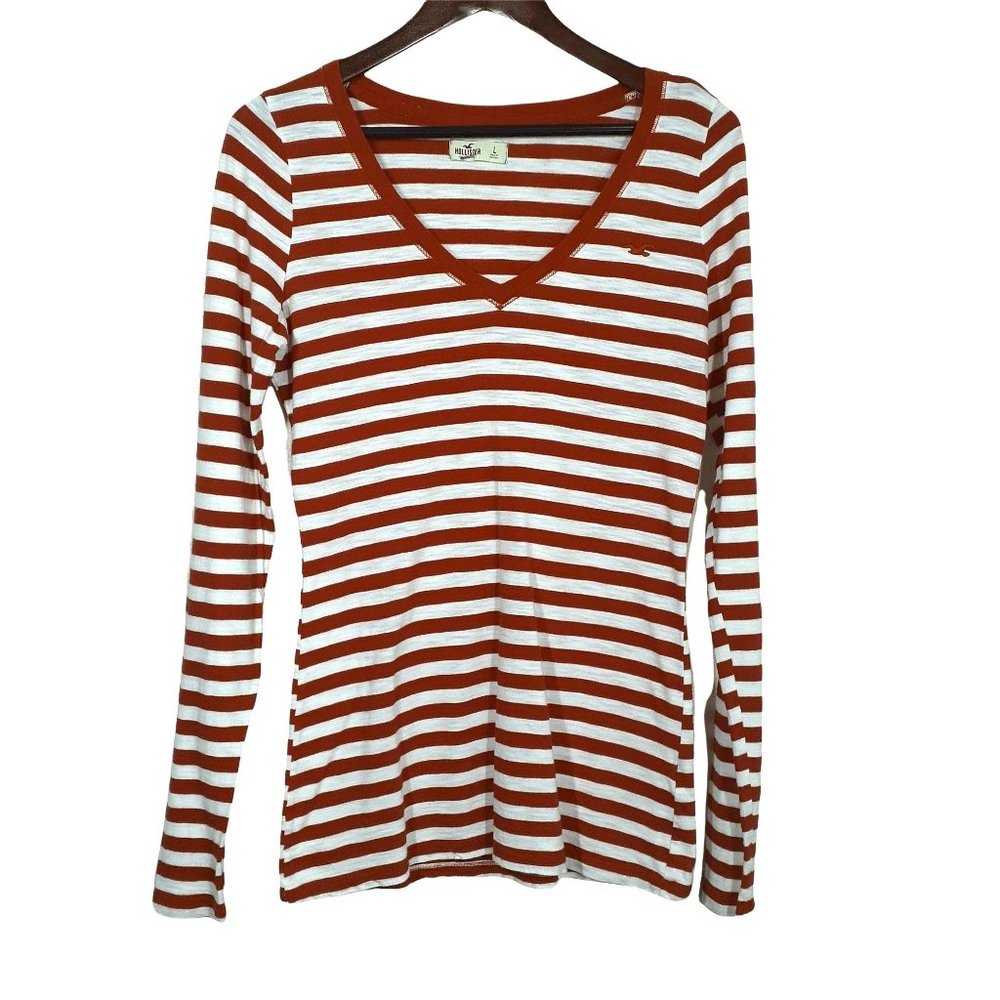 Hollister Red White Nautical Striped Stretch Long Sleeve Tee Size L